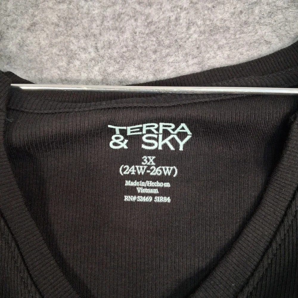 Terra & Sky Ribbed Notch Neck Tee Womens 3X Black Long Sleeve Plus Size Top